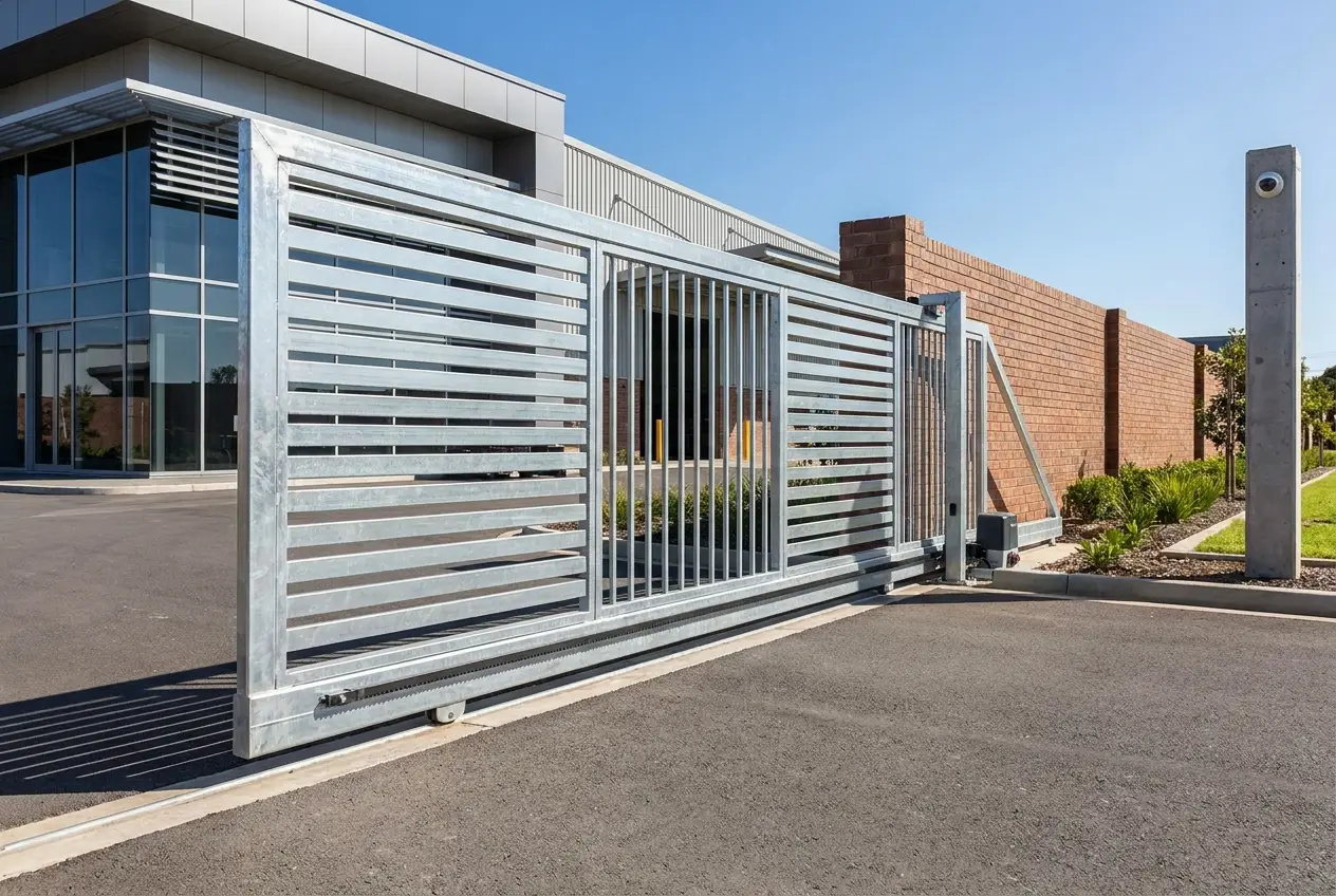 Commercial cantilever sliding security gate at a business entrance