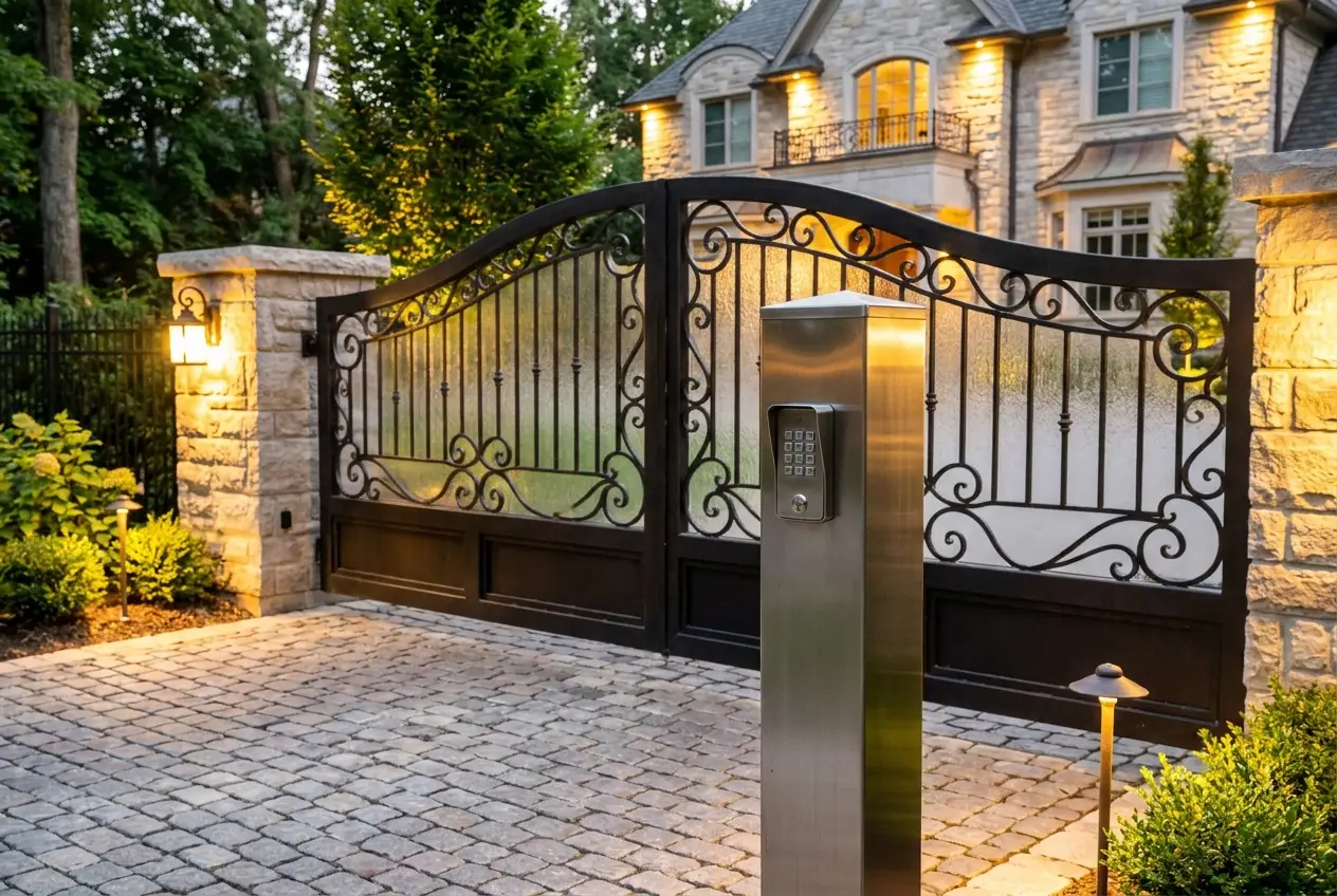 Custom automatic gate with stainless steel keypad access post