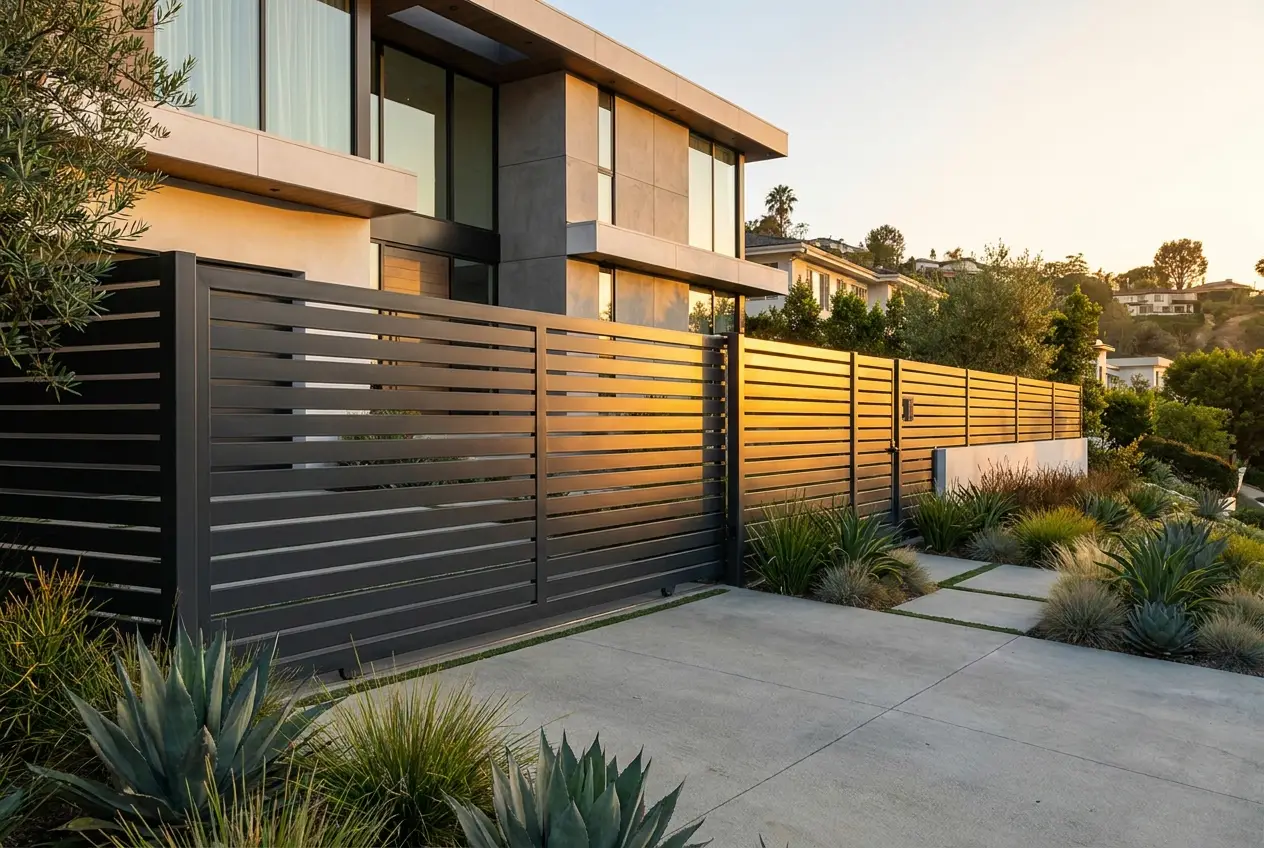 Modern horizontal aluminum-slat automatic driveway gate at a Los Angeles home