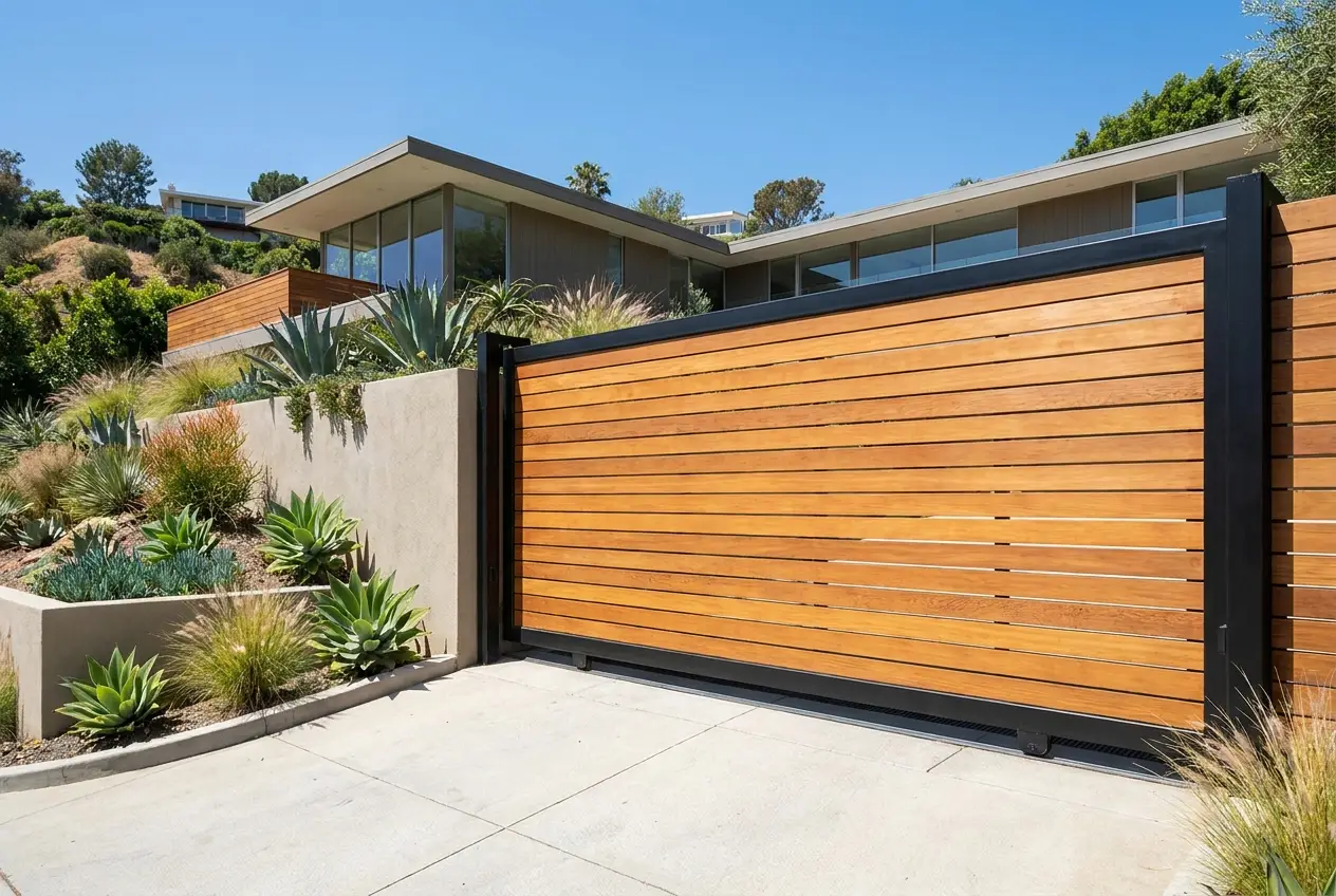 Contemporary wood and steel sliding driveway gate