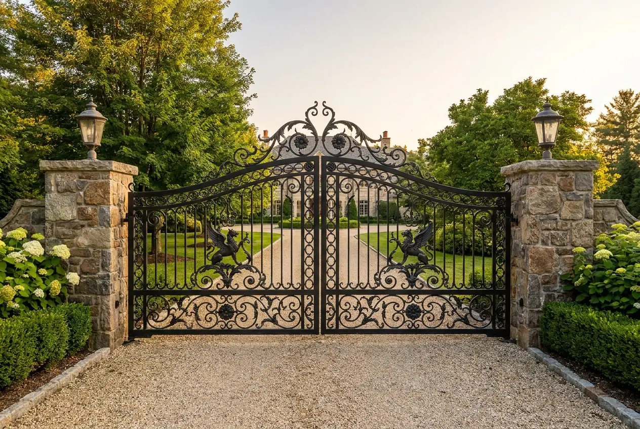 Ornate black wrought iron double swing gate with stone pillars