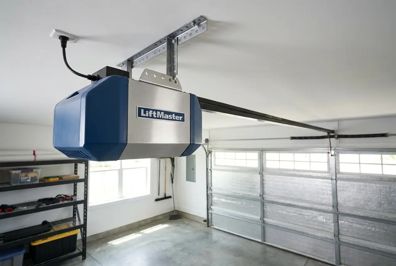 LiftMaster garage door opener mounted on a garage ceiling