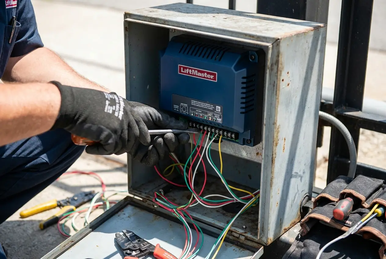 Technician wiring a LiftMaster gate operator control board during a repair