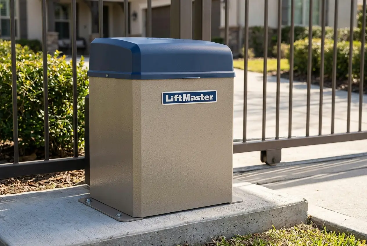 LiftMaster slide gate operator installed beside a residential driveway gate