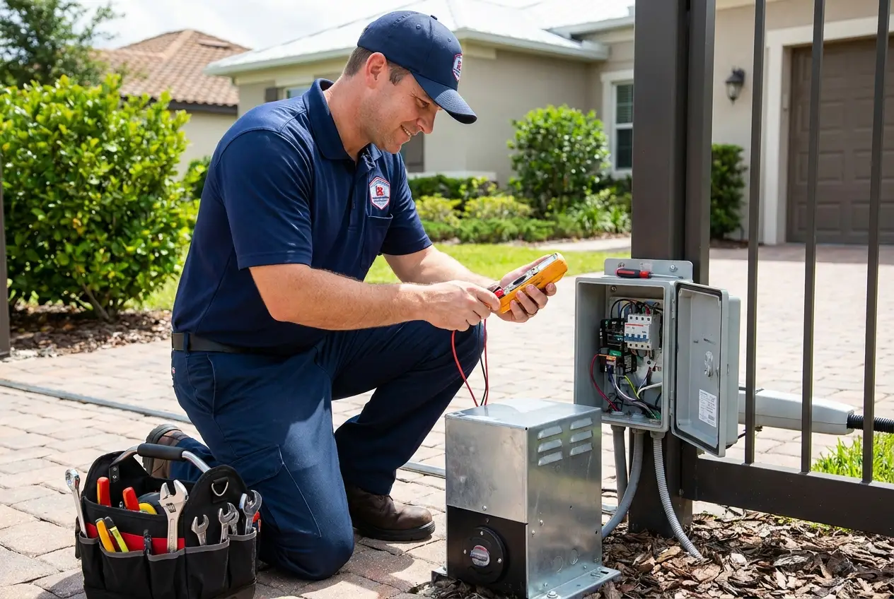 Quick Gate Repair technician diagnosing an electric gate control box in Los Angeles